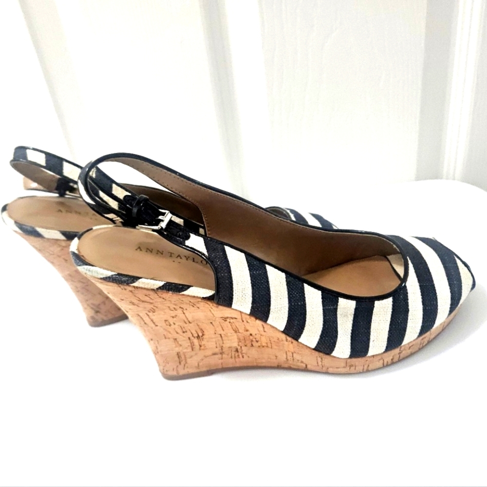 Ann Taylor Navy and White Slingback Highheel Wedges.